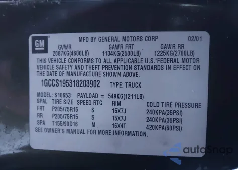 2001 Chevrolet S-10 Ls z USA, uszkodzony, nr VIN 1GCCS195318203902